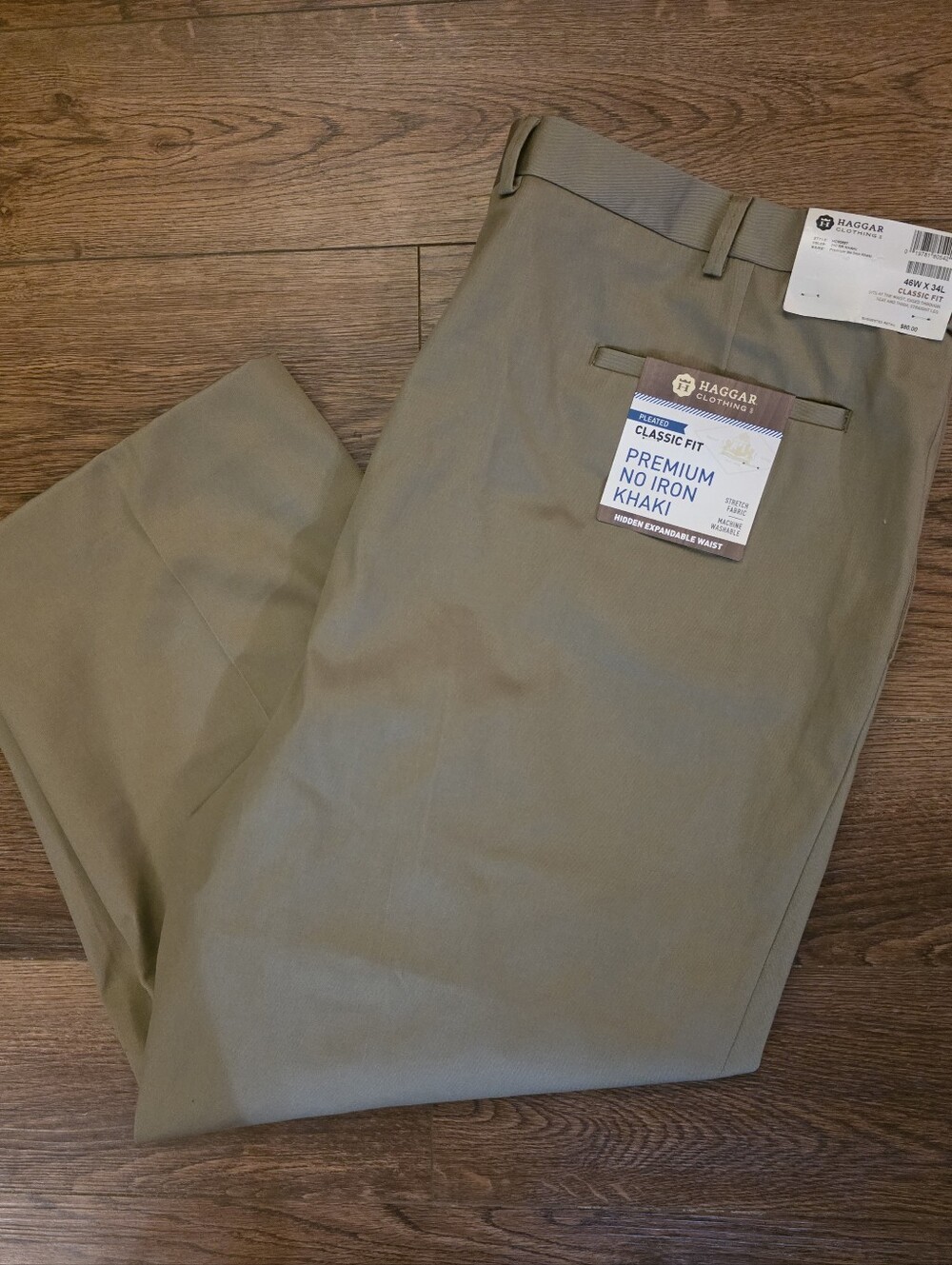 Haggar Men’s Premium No Iron Khaki Pleated Classic Fit Pants NWT 46x34 Stretch